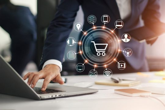 Digital marketing. Businessman working with laptop computer, tablet and smart phone. Modern interface payments online shopping and icon customer network connection on virtual screen. Business innovation technology concept.